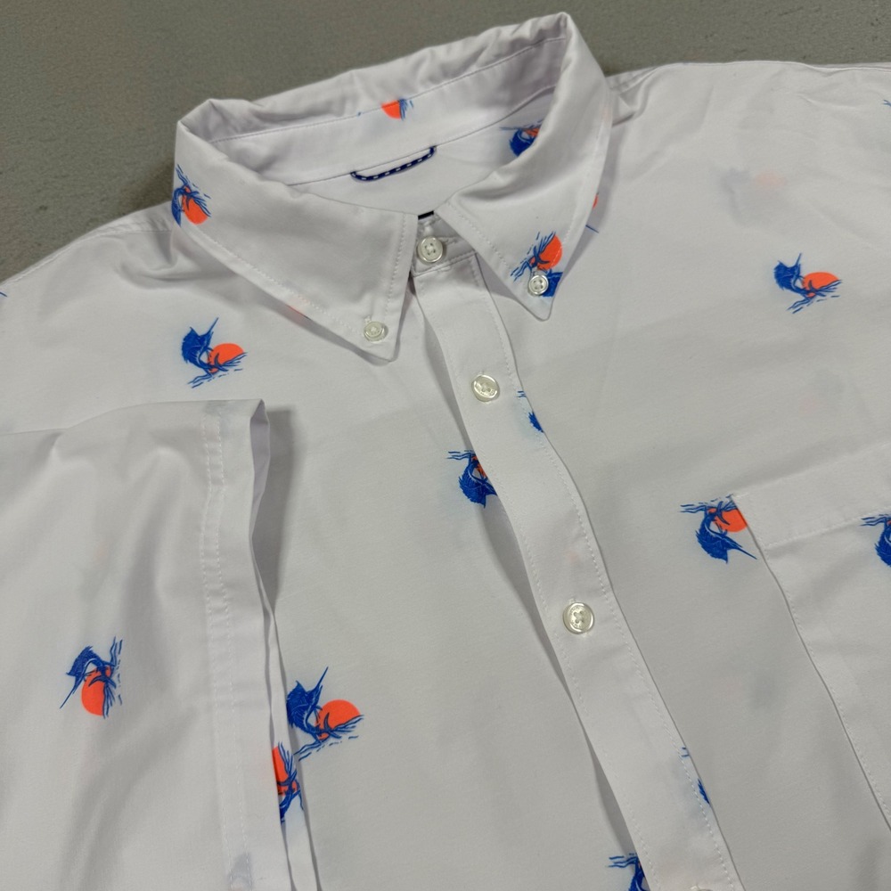 Huk Mens Marlin Sun Print Short Sleeve Button Down Fishing Shirt White XXXL